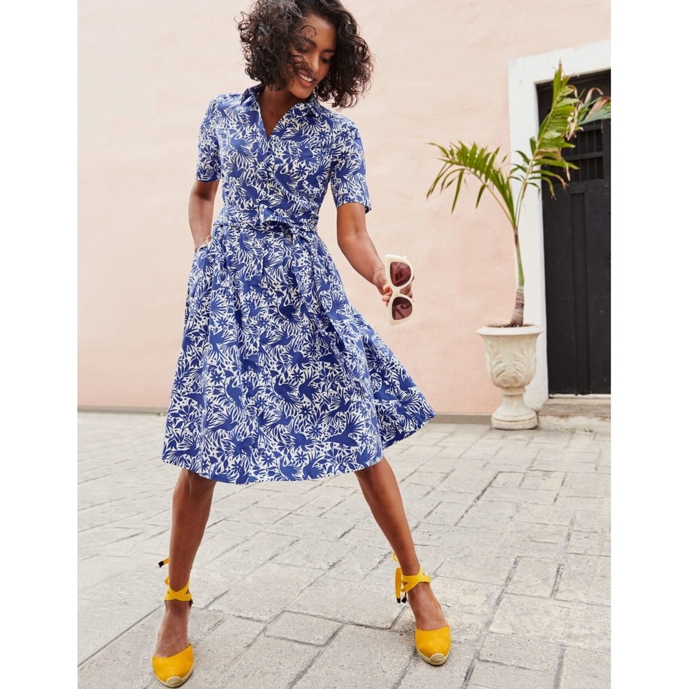 Boden Anastasia Shirt Dress Blue White Floral Bird Button Front Midi Belted